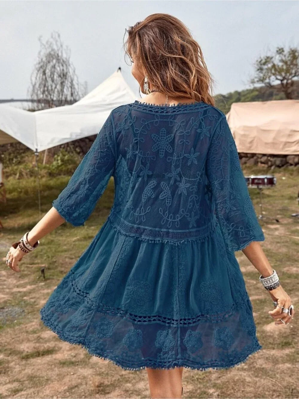 Women's Dark Blue Rayon V-Neck Coverup Mesh Lace Bathing Suit Swimsuit Coverup